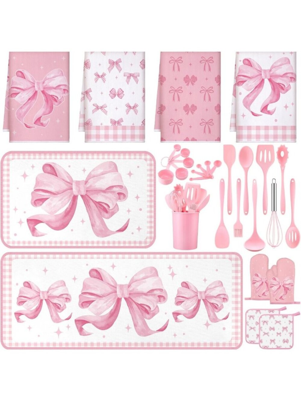30 Pcs Pink Bow Kitchen Decor Set | Utensils, Towels, Rugs, Mitts & Holders